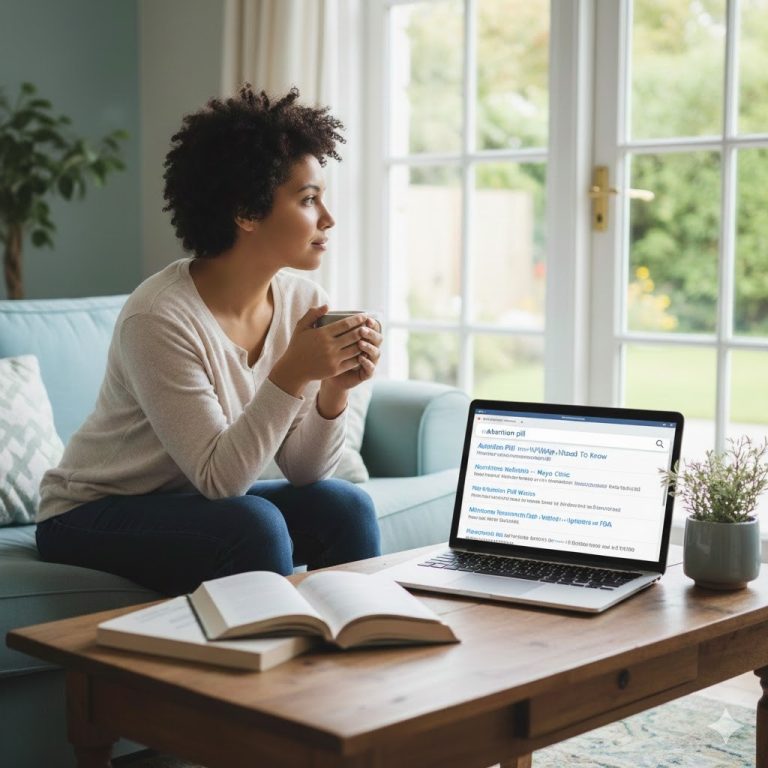 A woman looking outside the window with a coffee mug in hand, contemplating Abortion risks with her laptop open