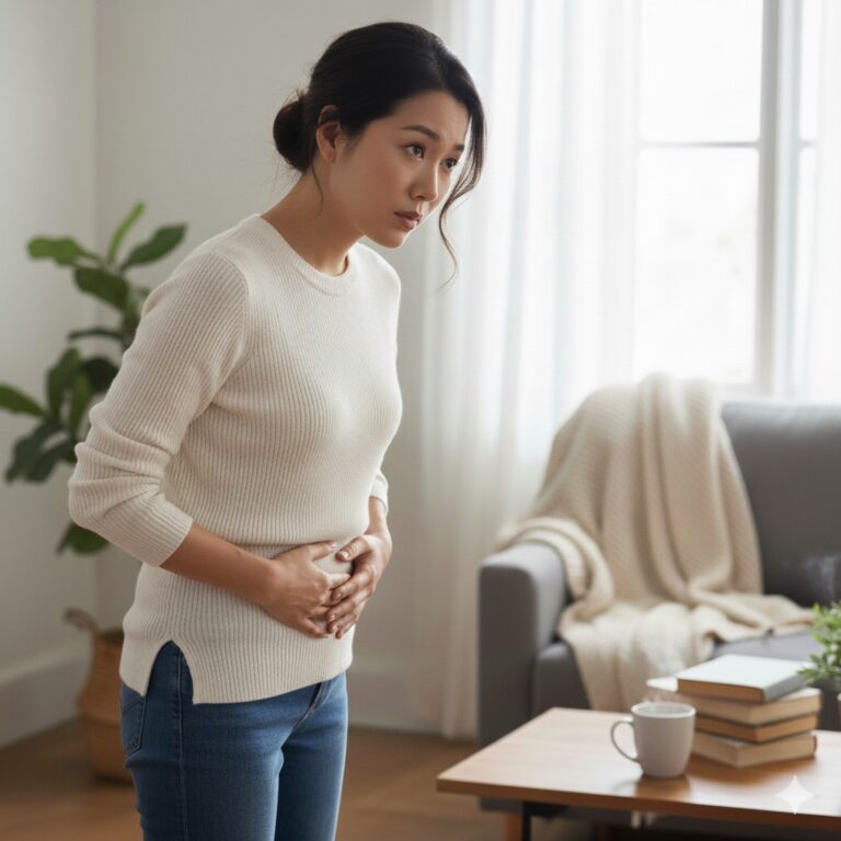 Woman holding her stomach who just found out shes pregnant