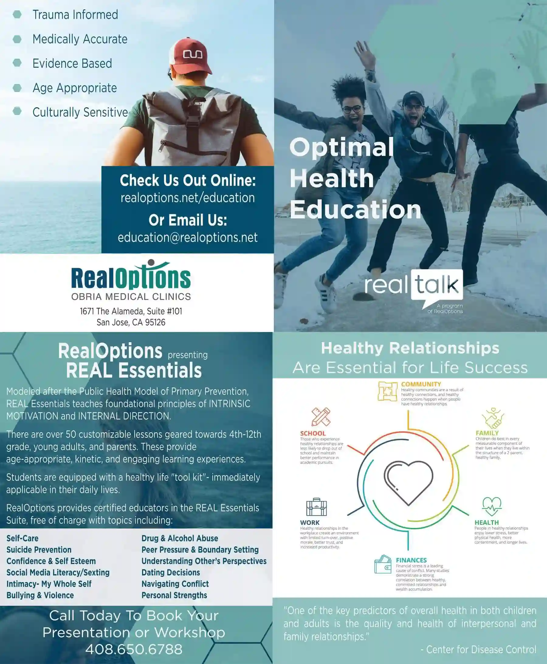 RealOptions clinic brochure highlighting optimal health coaching and wellness education.